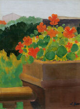 Tableau huile panneau paysage balcon terrasse fleurs orange jardin nature morte 