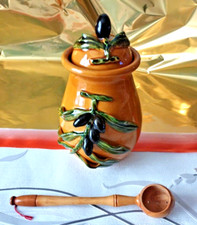 Au Vieux VALLAURIS Pot à Olives (cerises+) Barbotine Cuillère Buis/Cuisine Table