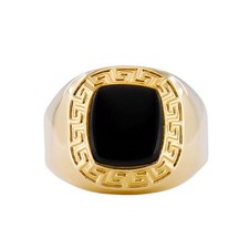 Bague Homme Chevalier En Or Jaune 18 kt Et Onyx Avec Cadre Grec NOUVEAU