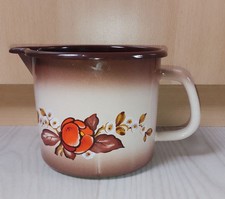 Pichet Ancien Tôle Émaillée Décor Fleur Orange Marron Blanc 1,5 L