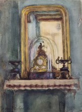 Anonyme (XIX-XX) Aquarelle 16x12cm 1913 Art Nouveau Horloge sur une cheminée