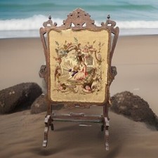 Pare-feu Écran de Cheminée XIX e style Louis XV Tapisserie décor galant & Bois