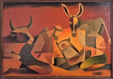 Tableau cubiste "la crèche" signé ancienne peinture cubisme