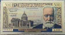 Billet 500 francs VICTOR HUGO surchargé 5 NF 1959 réplique polymère gold or