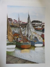 BELLE LITHO ORIGINALE  ART MODERNE PAYSAGE MARINE MER BATEAU VOILE PORT