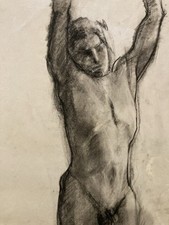 Beau Grand Dessin Homme Nu Debout 1960 Mine Plomb Fusain À Identifier Art XXe