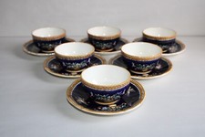 Série de 6 tasses à thé soucoupes en faïence de Gien, Renaissance Italien bleu