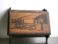 Boite Bois pyrogravé Pays Basque St Floutier décor Paysan Charette Boeuf Ancien
