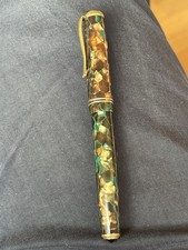 Stylo marbré Or Vert Et Marron nacré - plume or 18 carats- 40s- Piston Non Testé