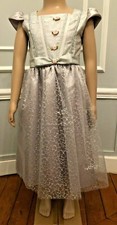 * ROBE PRINCESSE SATIN GRIS TISSU ARGENT FLEURS ROSES 4/5 ANS FAIT MAIN NEUVE *