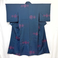 Robe kimono femme vintage japonaise pure soie motif panier floral marine foncé