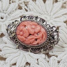 Broche De Col Ancienne Vermeil Corail Peau D'ange Motif Floral  25x18mm