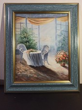 Tableau peinture à l’huile Sur Toile Signé ( Salon de thé sous une véranda )