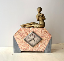 Antique art deco french fireplace clock 1930s, marbre and spelter clock