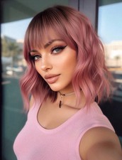 Perruque Synthétique Rose Courte Femme Wig Ondulé Kit Complet Pro