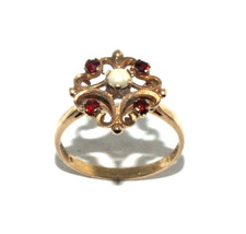 Femmes Orné 9ct Jaune Vintage Or Bague Parure Avec Perle + Grenats, GB Taille Q
