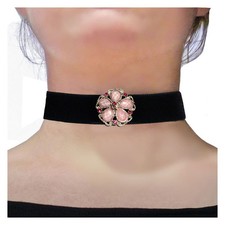 Collier Ras De Cou gothique noir Velours fleur strass paillettes rose et fushia
