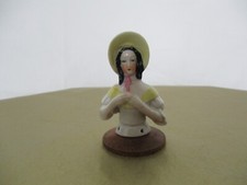 White Bonnet Germany Porcelain Half Doll Pin Cushion Doll Good 2-1/4" Tall