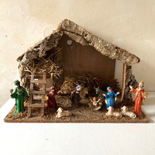 Ancienne Crèche Noël Bois & Santons Plastique - Italie Vintage 70's No Fontanini