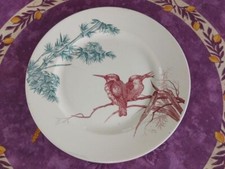 Plat Rond Plat ancien Faience Longwy Modèle Oiseaux Décor Bambous Oiseaux 31,5cm