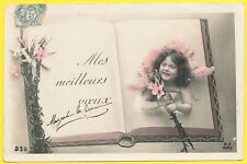 cpa Fantaisie FILLETTE LIVRE VOEUX NOUVEL AN FLEURS FANTASY CHILD BOOK WISHES