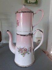 Ancienne PETITE cafetière en tôle  émaillée décors fleurs roses