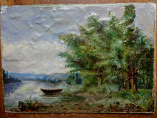 belle huile ancienne paysage de campagne eau barque Barbizon  signé 19°