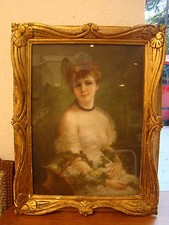 Pastel sous verre d'une jolie femme tenant un panier fleuri , 57 x 32 cm    #35#