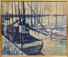 François Burel - Bateaux à Fécamp huile sur toile