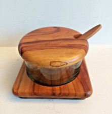 Pot Bol Verre Socle Couvercle Cuillère Bois d'Olivier - Pour Contenu Alimentaire