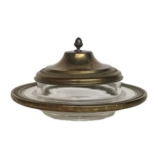 ANCIEN SUCRIER/ BONBONNIÈRE /BEURRIER CAVIAR... EN VERRE TAILLÉ ET METAL LAITON