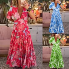 Robe Longue Pour Femmes Imprimé Floral Col En V Plage Grande Taille Style /