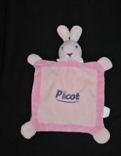 🍀Doudou Plat Lapin PICOT Rose Col Blanc 4 Nœuds Hase Rabbit Peluche Etat NEUF