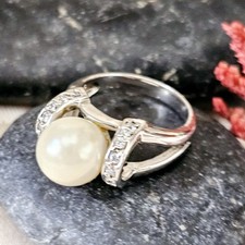 Bague Argent 925 Rhodié Zircons Perle Fantaisie Taille 52