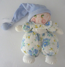 A8. DOUDOU NOUNOURS LUTIN GARCON blanc bonnet bleu fleur jaune vert 22cm - TBE