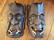 2 Masques vintage laqué japonais sculpture à la main bois corne diable masque...