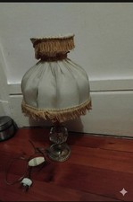 Petite lampe de table ancienne pied cristal laiton Abat-Jour a franges style...