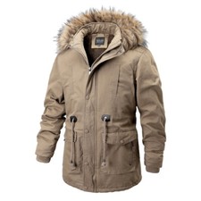 Hommes Faux Col Fourrure Veste Capuche Manteau Doublure Polaire Parka Coupe-Vent
