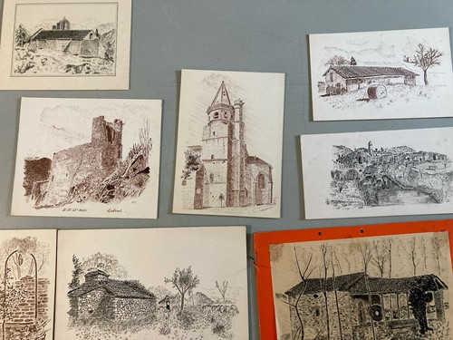 Lot dessin encre - dessin, eglise