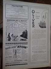 OLIVER machine à écrire + chocolat de ROYAT + ATOM pub papier ILLUSTRATION 1906