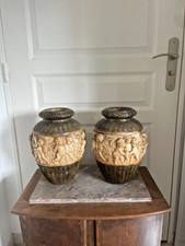 Ancien Paire Vase Pot Céramique Poterie Décor Romain Ange Angelot Chérubin Putti