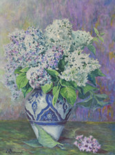 BOUQUET HORTENSIA Aquarelle fleurs par DUNAND vintage antique tableau peinture µ