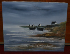 Tableau Huile Marine Baptiste BALZANO maisons Plage Bord mer La Bretagne 41x33