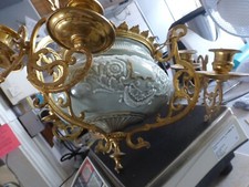 Superbe Suspension Faïence  6 Feux Corps  laiton Doré 19ème lustre