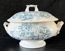 Grande soupière faience ancienne Givors service Floréal bleu-vert