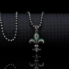 Beau Homme Émeraude 14K or Blanc Sur Fleur De Lis Pendentif W/24 " Collier