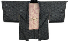 Veste kimono haori japonaise vintage soie marine Oshima Tumugi string avant 3...