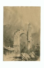 Ruines dans un paysage -  Dessin original ancien au lavis