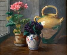 Marguerite Martin, Vintage French Oil Painting Flowers Geranium Violets Signed