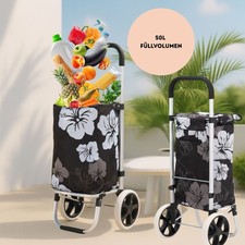 Chariot de courses 2 roues fleurs noir pliable | léger et résistant aux intem...